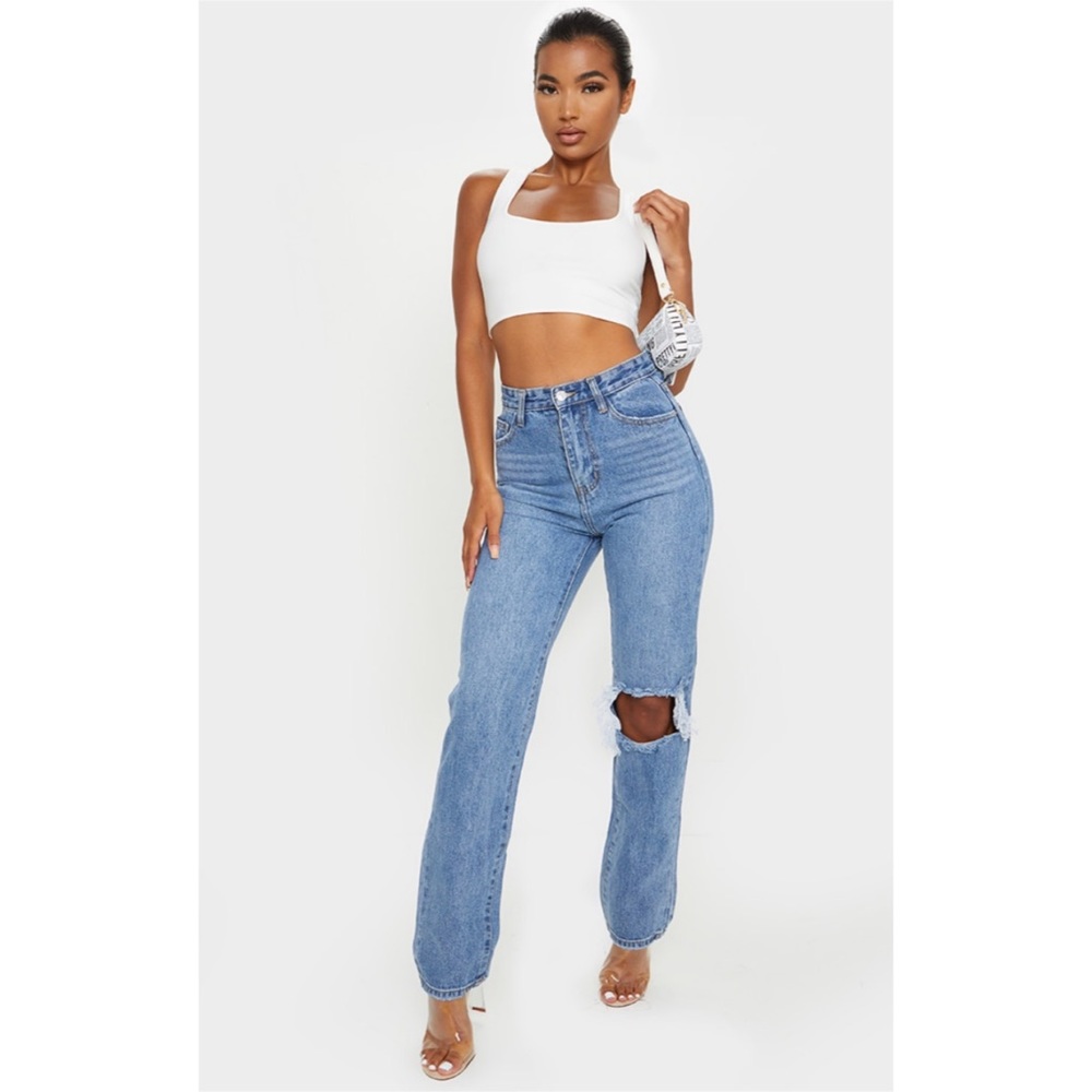 Open knee straight leg jeans